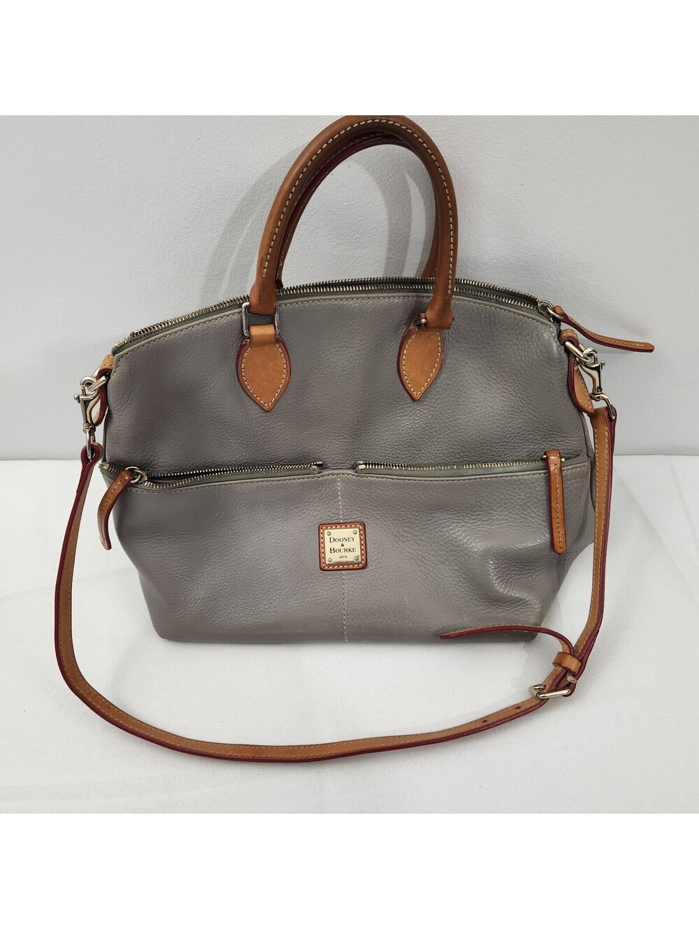 Dooney & Bourke Dillen Double Zip Pocket Satchel Handbag Purse Pebble  Gray
